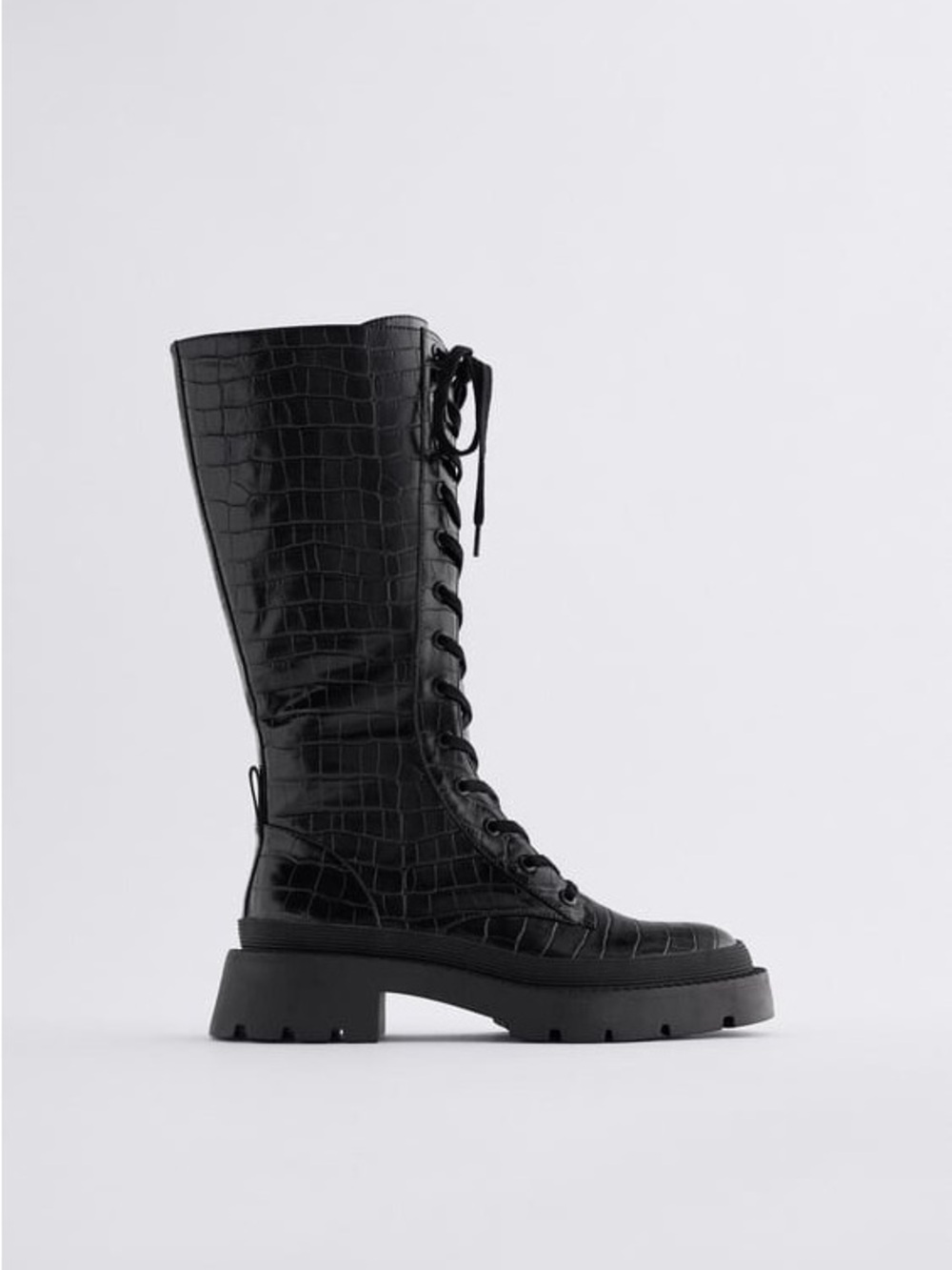 Zara Black Croc-Embossed Lace-Up Platform Boots